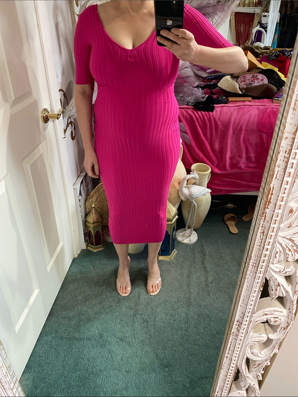 Fashion Nova Hot Pink Rib-Knit Scoop Neck Midi Dress